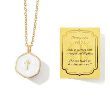 Imagem de Colar de cruz para mulheres, versículo bíblico, dourado, delicado, pérola, pequena, colar com cruz inspiradora, batismo cristão, presentes de Natal, joias e presentes, Sem Pedra Preciosa