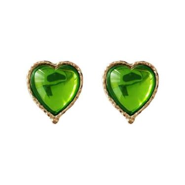 Imagem de Brincos vintage de coração verde para mulheres, brincos prateados dourados elegantes com coração de amor, festivais de Natal antigos dos anos 60, 70, 80, acessórios para vestido de aniversário, joias