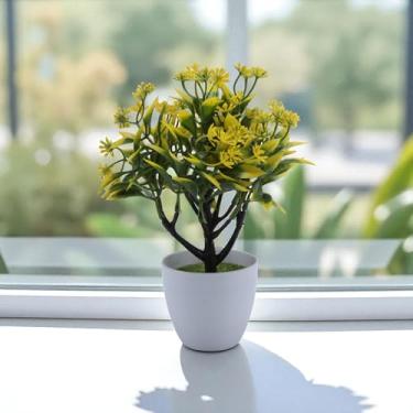 Imagem de Generic 1 peça de plantas artificiais moeda crisântemo com vaso redondo plástico amarelo 8 x 8 x 24 cm