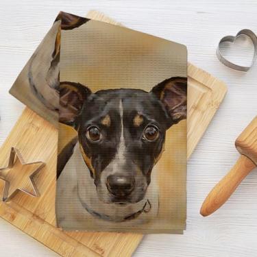 Imagem de Toalhas de cozinha vintage com retrato de cachorro, pano de prato absorvente decorativo caprichoso de microfibra, toalha de chá, toalhas de mão macias de waffle para decoração de casa de banho