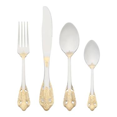 Imagem de Generic Conjunto de 4 peças de talheres de aço inoxidável com colheres e garfos, utensílios de servir, talheres para cozinha, 4 peças, prata, ouro