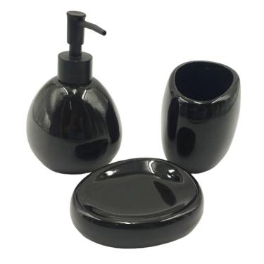 Imagem de Kit Banheiro Lavabo Cerâmica Acessórios Preto 3 Peças