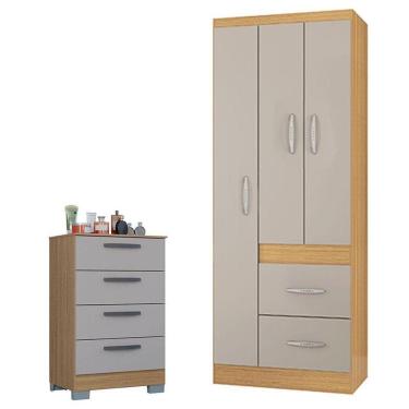 Imagem de Cômoda 867 4 Gavetas Com Guarda Roupa Solteiro Milão 3 Portas Damasco Off White - Poquema