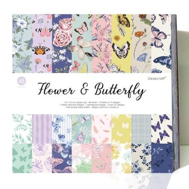 Imagem de Desecraft Bloco de papel multicolorido, 48 folhas, 30,5 x 30,5 cm, desenhos de flores e borboletas, ideal para álbuns, cartões e muito mais