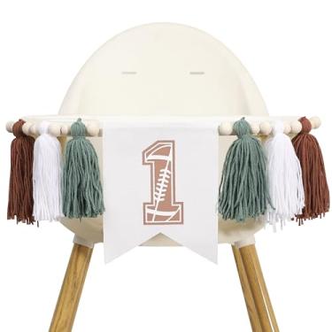 Imagem de Faixa de cadeira alta com borla de futebol - Banner de cadeira alta de primeiro aniversário de menino de futebol, faixa de cadeira alta com franja marrom, verde, branco, marrom, uma guirlanda de borla
