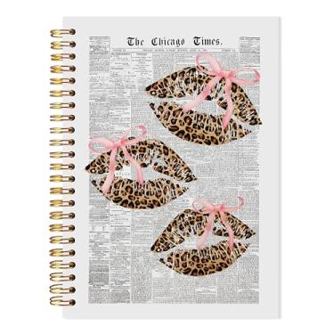 Imagem de LADOCK Caderno moderno com lábios de beijo de leopardo, diário de jornal com estampa de chita descolada, material escolar de escritório feminino, caderno espiral estético Coquette, 14 x 21 cm