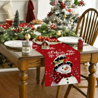 Imagem de Caminho de mesa de Natal 33 x 182 cm, árvores de Natal, flocos de neve, férias de inverno, decorações de mesa decorativas de casa de fazenda para jantar, decoração de festa de jantar interna e externa