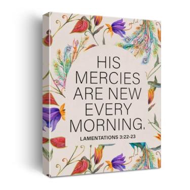 Imagem de Arte de parede em tela cristã His Mercies are New Every Morning Lamentações 3 escrituras pôster versículo bíblico impressão arte emoldurada para decoração de casa, sala de estar, quarto, 28 x 37