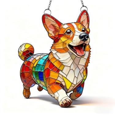 Imagem de Enfeite de acrílico para pendurar Corgi – Apanhador de sol para pendurar na janela, arte em mosaico de 14 cm, decoração de cachorro de plástico colorido, presente para amantes de Corgi, decoração de