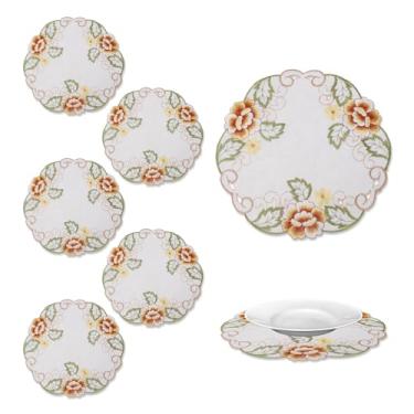 Imagem de RGHSZ Jogo americano redondo, conjunto de 6 jogos americanos, decorações de mesa de centro de mesa, tapetes bordados de peônia dourada de 30 cm para casa, jantar, férias, cozinha, decoração de mesa