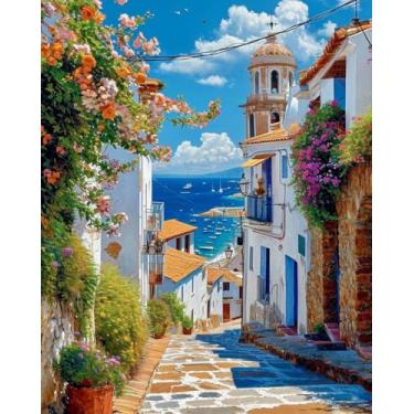 Imagem de WUSARPLY Kits de pintura de diamante de cenário litorâneo para adultos, kits de arte de diamante de casa à beira-mar, pintura completa de pontos de diamante com diamantes, pedras preciosas, artes e