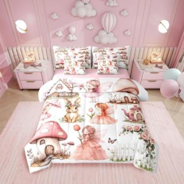 Imagem de Erosebridal Jogo de cama solteiro de jardim de fadas rosa com estampa de cogumelo, 7 peças, para meninas e crianças, lençol com elástico e lençol de cima