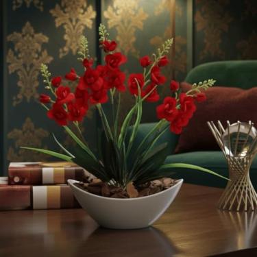 Imagem de Arranjo de Orquídea Artificial Planta Decorativa Vaso e Casca Polida (Vermelho1)