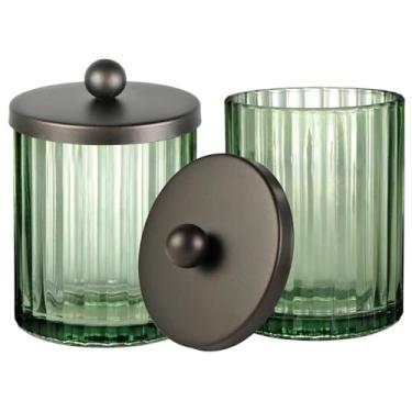 Imagem de Amolliar Frasco de boticário de vidro verde sálvia com tampa de metal e adesivos, dispensador de suporte Qtip para banheiro para cotonetes, bolas, almofadas redondas, sal de banho, fio dental