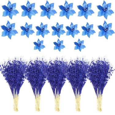 Imagem de Canlierr 32 peças de flores de poinsétia de árvore de Natal e caules de bagas, 16 peças, 3 tamanhos, ornamentos de poinsétia artificial, 16 galhos grandes de frutas vermelhas com glitter para