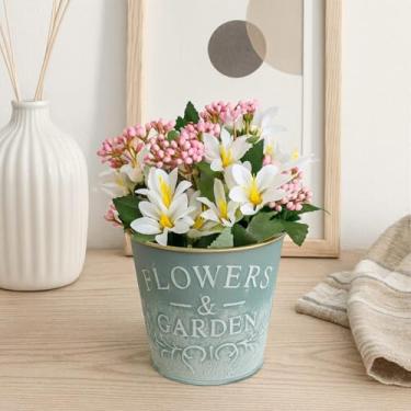 Imagem de Arranjo Floral Artificial com Flores Brancas e Rosa, Vaso Decorativo em Alumínio, Kit com 2 Buquês e Vaso Redondo para Casa e Escritório