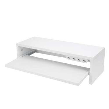 Imagem de Fockety Suporte para Monitor, Organizador de Mesa de 2 Camadas Com Gaveta, Tomadas CA e Porta USB, Suporte para Monitor de Computador para Laptop, Desktop, Tela, Impressora, TV (Leite Branco)