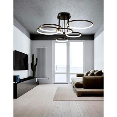Imagem de Luminária de teto LED moderna e regulável para sala de estar, com anel preto e controle remoto, temperatura de cor de 3000K a 6500K. Ideal para mesa de jantar, hall de entrada, escritório e