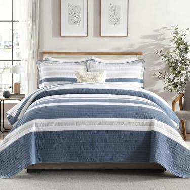 Imagem de PERHOM Colchas King Size Azul acinzentado listradas, 100% algodão, colcha King com 2 fronhas, conjunto de colchas/cobertor/roupa de cama leve e macio para todas as estações, 3 peças