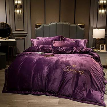 Imagem de Jogo de cama king size, roxo, conjunto de capa de edredom duplo com lençol de elástico, jogo de cama de casal de inverno, lençol de cima, macio, quente, flanela, solteiro, casal