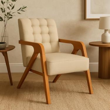 Imagem de Poltrona Cadeira Decorativa Tecido Linho Pés Madeira Maciça para Sala de Estar Recepção (Bege)