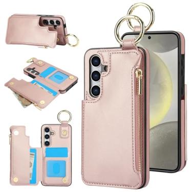 Imagem de Capa carteira para Samsung Galaxy A16 5G, 3 compartimentos para cartão, 1 bolso com zíper, suporte de fecho magnético com suporte de anel à prova de choque com bloqueio de RFID (ouro rosa)