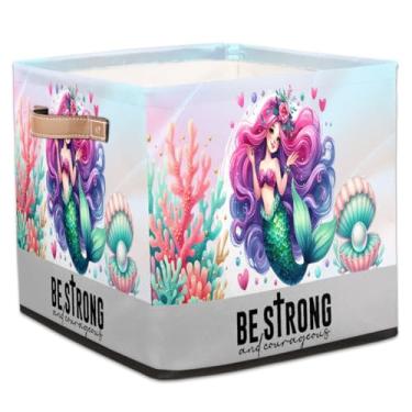 Imagem de hongjinglin Cestos dobráveis de armazenamento em cubos fofos de sereia roxa caixas dobráveis brinquedo infantil com alças organizador de armazenamento de tecido cesto para berçário, sala de estar