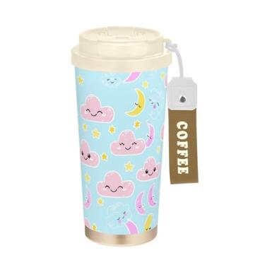 Imagem de SEHANY Caneca de viagem Sol e Lua 482 g Copos de café reutilizáveis revestidos de cerâmica com tampa à prova de vazamento, parede dupla, isolamento a vácuo, copo de café de aço inoxidável para bebidas