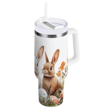 Imagem de ATTX Copo de coelho fofo da Páscoa de 850 g com alça, copo de aço inoxidável a vácuo de parede dupla com palha, caneca de café de viagem isolada #51