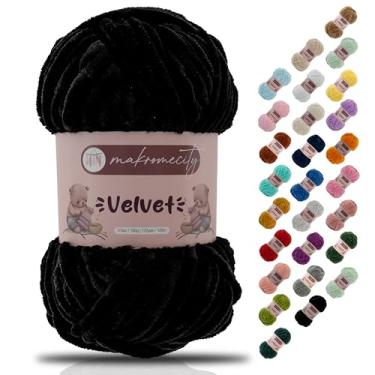 Imagem de Makromecity Fio de veludo 100 g (3,5 oz) / 120 m (132 jardas) fio de chenille premium 100% poliéster, ultra macio, antibolinhas, lavável na máquina, 30 cores para tricô e crochê (preto, 1 novelo)