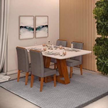 Imagem de Conjunto Sala De Jantar Mesa Com 4 Cadeiras Tampo Curvo 160cm Kiara Freijó/off White Yasmin Veludo Lunar - Dj Móveis