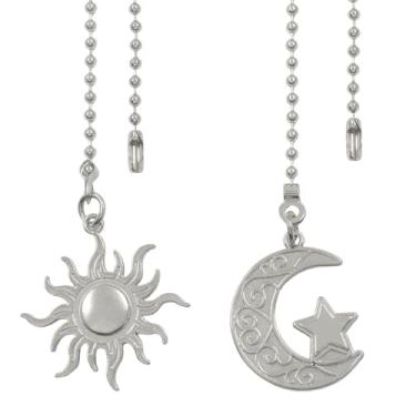 Imagem de Cionyce Conjunto de corrente para ventilador de teto, extensão decorativa com conector de lua e sol, pingente de bola ornamental com contas para luminárias e controles de ventilador (prata)