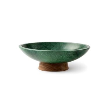 Imagem de WISATO - Tigela de mármore decorativa verde - Pedra natural feita à mão em pedestal de madeira de acácia - Peça central versátil de 25,4 cm para decoração de casa - Entrada, mesa de jantar, tigela de