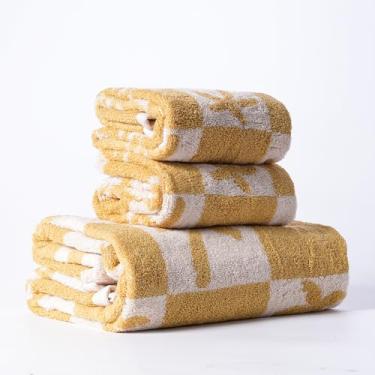 Imagem de Conjuntos de toalhas de banho de luxo, coqueiro amarelo, branco, xadrez, grande, ultramacio, 100% algodão, padrão clássico, 1 toalha de banho, lençóis, 2 toalhas de mão, altamente absorventes para