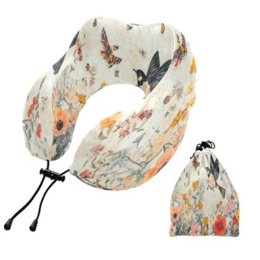 Imagem de CEBUGI Travesseiros de viagem portáteis em forma de U, travesseiro de pescoço de espuma viscoelástica com trava de corda ajustável para avião, viagem, trem, negócios, escritório, cochilo (flores de