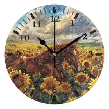 Imagem de CEBUGI Relógio de parede com cavalo, girassóis, operado por bateria, relógios de parede silenciosos sem tique-taque para cozinha, banheiro, quarto, escritório, decoração 25,4 cm