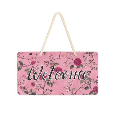 Imagem de Burbuja Placa de boas-vindas de flores retrô para porta da frente, placa de boas-vindas de PVC para decoração de férias, 15 x 28 cm