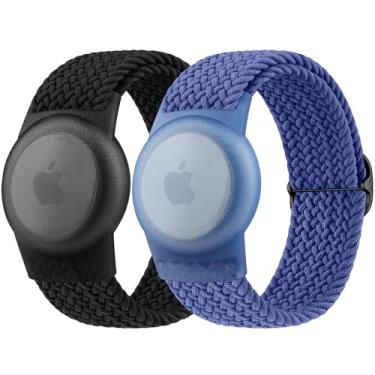 Imagem de Vanjua Pulseira para Apple AirTag, capa protetora compatível com suporte para rastreador GPS Air Tag com pulseira trançada, pulseira de relógio antiperda ajustável para crianças idosas (preto + azul)