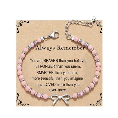 Imagem de QILMILY Pulseira de onda/laço/cruz para mulheres, pulseiras coloridas com contas de pedra natural, presente de amizade exclusivo para melhor amiga, irmã e mãe, presentes de aniversário para mulheres