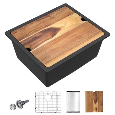 Imagem de Fulorni 53,3 cm x 45,7 cm Undermount Wet Bar Sink Workstation - Quartzo composto de quartzo preto fosco clássico tigela única sob o balcão pequena cozinha bar Prep RV pia bacia