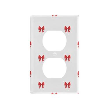 Imagem de Blueangle Placa de parede de tomada dupla Red Bows, tamanho padrão, placas de cobertura de tomada elétrica de 1 gangue para decoração de quarto de escritório em casa, 12 x 7 cm