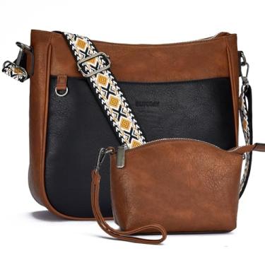Imagem de Blucoay Bolsas transversais para mulheres, 2 peças de bolsas Hobo de couro vegano, conjunto de bolsas e carteira, bolsas de ombro com 2 alças ajustáveis, B1 - marrom preto, Retrô