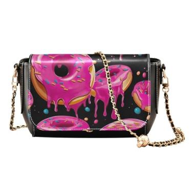 Imagem de Donut com glacê rosa em bolsas transversais pretas de verão para mulheres, bolsas de ombro femininas de couro, bolsa de ombro feminina de couro, Rosquinhas rosa em preto-3, One Size
