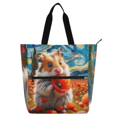 Imagem de Bolsa feminina de lona com zíper e flor de papoula de hamster, para professores, presente para amantes de livros