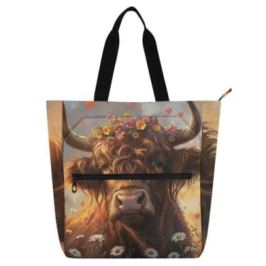 Imagem de GAIGEO Linda sacola feminina com flores de vaca Highland para trabalho, lona, praia, livros, zíper, bolsa infantil fofa com compartimentos