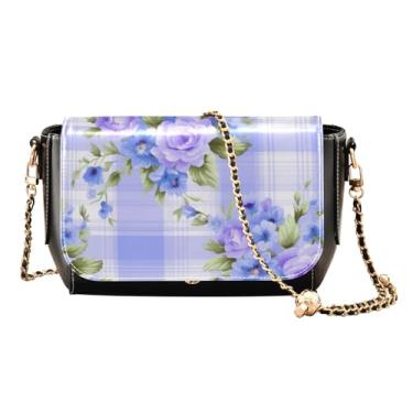 Imagem de Bolsa tiracolo de couro xadrez amarelo e branco com zíper e rosas azuis, bolsas de ombro casuais para mulheres, Flores azuis e folhas verdes em xadrez azul - 1, One Size