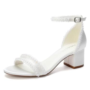 Imagem de HAULSAIL Sandálias femininas de casamento de salto bloco enfeitadas com pérolas, sapatos de casamento para noiva, salto branco para mulheres, sapatos de noiva, Branco marfim, 40