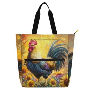 Imagem de GAIGEO Sacolas de trabalho femininas com estampa de galo de outono e girassol, lona, praia, escola, bolsas para professores, amantes de livros