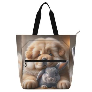 Imagem de GAIGEO Bolsa feminina Chow Chow Dog Cute Rabbit Work Tote de lona escolar bolsa de livros para professores amantes de livros