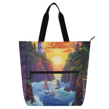 Imagem de GAIGEO Bolsa feminina Island Cliffs Sunset para trabalho, lona, faculdade, escola, bolsa de professor, bolsa com compartimentos